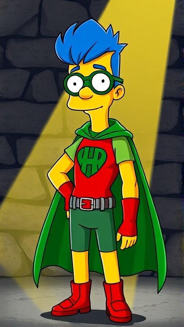 Milhouse Van Houten from The Simpsons, with his yellow skin, really big round nose, and blue hair that's slicked back and curled up at the top, but as a tall, 18-year old teenager, dressed as a parody of Robin, The Boy Wonder, with an extremely muscular torso and arms, a dark green bodysuit with a red torso adorned with a green H symbol on his chest, a grey utility belt, red boots, red long-cuffed gloves, a big, heel-length long, ultra-wide green cape, and a green eye mask with optical lenses in it, now known as Houseboy, The Nerd Wonder, the other half of Springfield's Dynamic Duo, and one of the greatest vigilante superheroes ever known in Springfield. He is currently standing in his secret high-tech underground lair, ready for action.