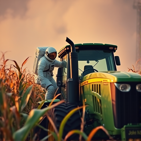 Astronaut harvesting corn with a John deere