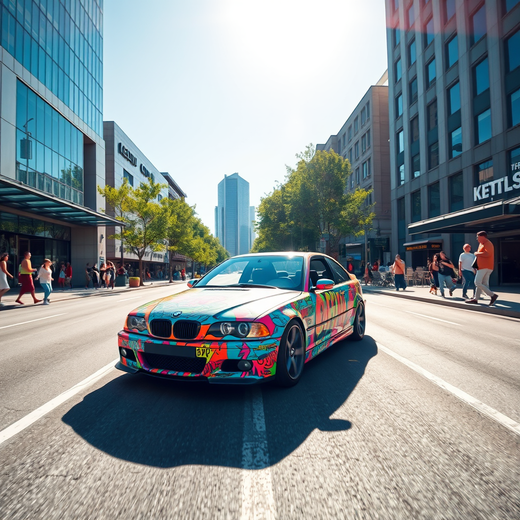 BMW M3 2000 soigneusement customisée avec un assortiment éclatant de graffitis de style hip-hop recouvrant élégamment la carrosserie, contrastes vifs et motifs audacieux reflétant l'énergie urbaine, roulant à allure modérée dans une rue citadine trépidante en plein jour, l'architecture environnante composée de bâtiments modernes aux façades vitrées et aux designs avant-gardistes des deux côtés, quelques arbres verts parsemant le décor et ajoutant une touche naturelle, larges trottoirs peuplés de passants décontractés aux tenues colorées reflétant la diversité culturelle, quelques terrasses de café offrant un aperçu de la vie sociale locale, le ciel bleu clair avec un soleil radieux accentuant les ombres nettes sur la chaussée