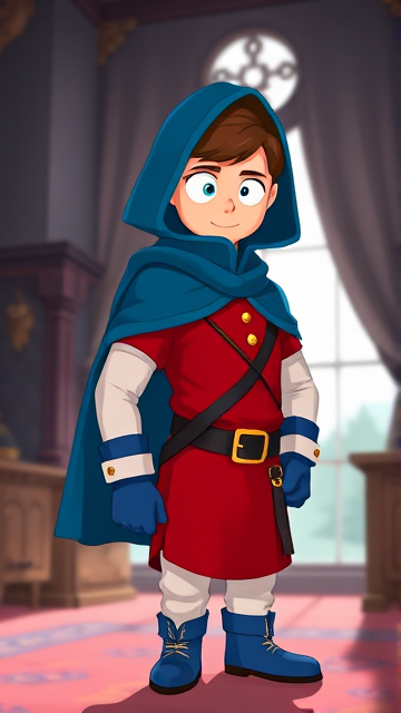 Clyde Donovan from South Park, light skin and brown hair, but as a 14-Year Old, dressed as a medieval prince with a red shirt with white sleeves, a black belt with a gold buckle, white pants, blue boots, blue long-cuffed gloves, and wreathed in a big blue hooded cape, now known as Prince Donovan. Despite still being a kid, he is the Youngest Ruler of South Park, Colorado, but now reborn as the real life Kingdom of Kupa Keep, Zaron, and Prince Donovan is its youngest and greatest hero. The young teenage prince of Kupa Keep is currently standing in his bedroom in his new home of Kupa Keep Castle, preparing to set out for adventure.