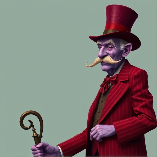 An elder man with purple skin, a squiggly mustache and a striped red velvet suit with a cane and a a top hat to match his suit and he’s tall