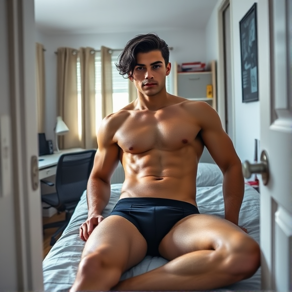 Generate an image of a shirtless college-age man with raven black hair, showcasing a sculpted, muscular sun-kissed body reminiscent of an Adonis. He is lying on his bed in a college dorm room, wearing sleek black boxer briefs that are slightly longer, subtly highlighting his toned thighs. The perspective is from outside the room, peering through an open door. The dorm room should be realistically furnished with items like a desk, a chair, and a few personal belongings. Ensure the bed is positioned realistically within the room, with adequate space between it and the door. There is only one doorway seen.