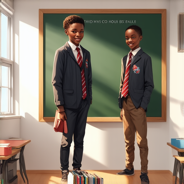 deux garçons noirs de 14 ans, vêtue d'uniforme scolaire , debout souriante et concentrée devant un tableau noir rempli de regles d'orthographe en français  dans une salle de classe ensoleillée et colorée avec des bureaux en bois et des affiches éducatives sur les murs