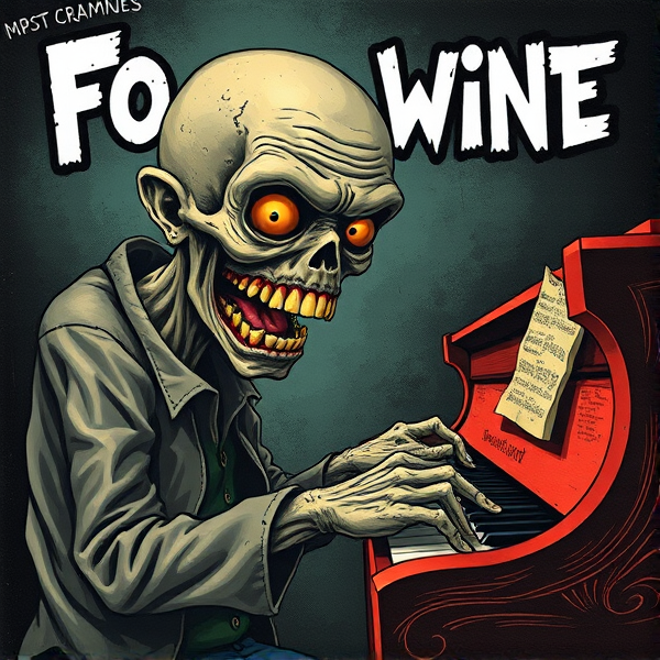 Album cover with a Zombie with crooked yellow teeth playing piano