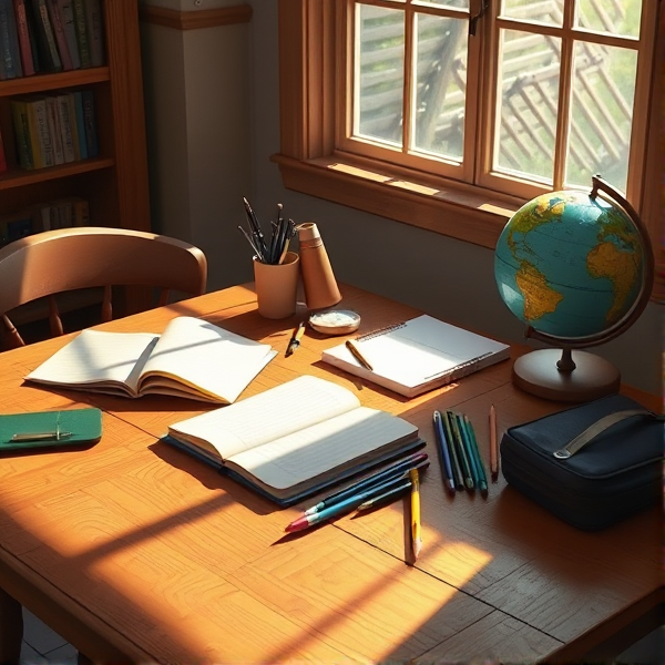table en bois éclairée par la lumière naturelle de la fenêtre, couverte de fournitures scolaires comme des cahiers ouverts, des stylos, des crayons, une trousse et un globe terrestre  .