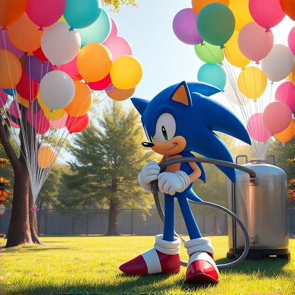 Sonic the Hedgehog stands in a sunlit park, right beside a helium tank, grasping a hose that's filling an array of colorful balloons of various hues, each precisely 16 inches in diameter, with a total count of 450 balloons floating around him