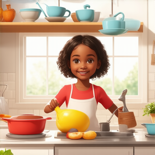 deux adolescents noirs de 14 ans vêtus de vêtements décontractés effectuant avec entrain des tâches ménagères dans une cuisine lumineuse et propre, leur petite sœur noire de 7 ans les aidant joyeusement à ranger la vaisselle propre sur les étagères, fenêtre ouverte laissant entrer la lumière du jour