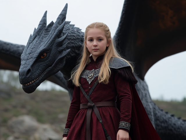 Elle s’appelle **Vhaelyra Targaryen**, la plus jeune des enfants de Rhaenyra et Daemon Targaryen. À seulement 11 ans, elle est petite de taille, mais grande en puissance. Née sous des auspices mystérieux, Vhaelyra est la première en 400 ans à porter le titre légendaire de **"Fire Targaryen"**. 
Dès sa naissance, une flamme plus ardente que celle des dragons semble couler dans ses veines. Elle possède un lien unique avec le feu, qu’elle peut manipuler avec une précision et une puissance effrayantes. Contrairement aux autres Targaryen, elle n'a pas besoin de se reposer uniquement sur son dragon pour commander les flammes. Ce don rare lui permet aussi de comprendre et de communiquer avec les dragons comme personne d’autre, même ceux qui n’ont jamais eu de maître.
Son dragon, **Baelzhar**, est immense, encore plus grand que Vhagar et Balerion à leur apogée. Sa crête est noire avec des reflets rouges comme des braises incandescentes, et ses yeux brillent d’un feu intérieur. Baelzhar, autrefois indompté, a choisi Vhaelyra comme cavalière dès son plus jeune âge, obéissant uniquement à elle. Ensemble, ils sont une force invincible.
Grâce à son don, Vhaelyra est capable d’attirer à elle les dragons sauvages des confins du monde, leur promettant puissance et gloire s’ils se joignent à sa cause. Si jamais une guerre éclatait, elle pourrait être l’arme ultime, déchaînant une armée de dragons plus féroces que jamais.elle à les yeux brun et les cheveux chantain