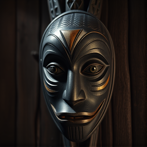 Masque traditionnel Fang Ngil du Gabon, détails artistiques et sculpturaux précis, motifs tribaux caractéristiques en blanc et noir, texture boisée authentique, ombres et lumière dramatiques mettant en valeur les traits angulaires