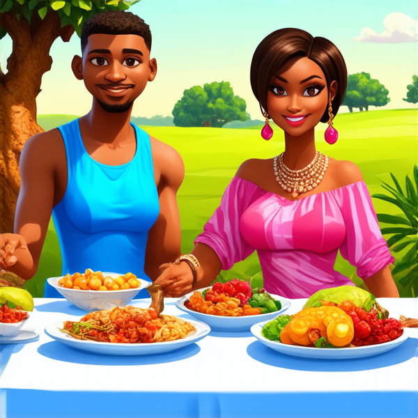 prompt: Un grand repas de famille traditionnel en plein air sous un baobab en Afrique, avec des plats locaux colorés et variés, des fruits exotiques, une grande nappe colorée, des hommes et femmes africains vêtus de tenues traditionnelles multicolores souriants et partageant un moment convivial