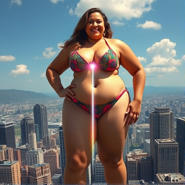 Colossal enchantress towering over a bustling cityscape, her smile exuding confidence and allure. Her stature is of mythical magnitude, each curve exaggerated to emphasize her formidable presence. She dons a vibrant, intricately patterned bikini that complements her ample bosom and hourglass figure. Directly out of her navel bursts forth a radiant beam of pure energy, manifesting as a laser that pierces the skyline—a testament to her immense power. This tableau melds the fantastical with the metropolitan, presenting the giantess as both an object of admiration and a symbol of dominance amidst the urban sprawl.