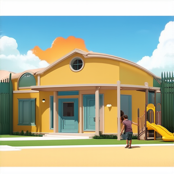 bâtiment d'une école primaire traditionnelle avec cours de récréation, enfants noirs jouant, architecture européenne, ciel bleu avec quelques nuages