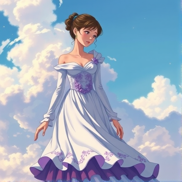 a one-shoulder white dress, with lavender details and frills. It has one long white sleeves reaching the wrists, and the bottom half of the dress was layered with purple underskirts. The dress had a sweetheart neckline, adding a touch of elegance to the overall look