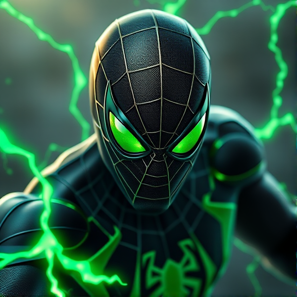 Créer une image d'un spiderman noir et vert avec des yeux vert qui contrôle l'électricité vert