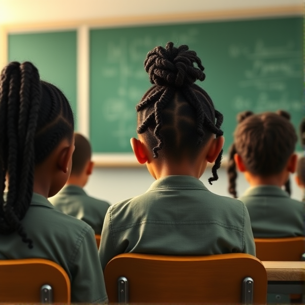 des filles noires de huit ans avec des tresses africaine et des garçons assis dans une classe face au tableau vert