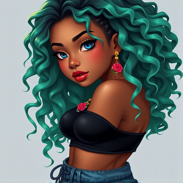 Anime bust shot  Soft dark tan skin Mexican/American  Curly long hair with a bright  teal green fade Blue eyes Wears a black crop top, jeans and Jordans  With a rose necklace and earrings