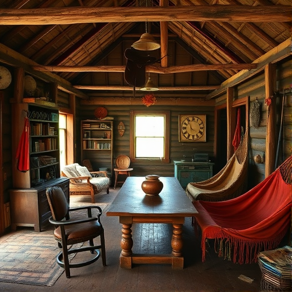 We then entered one of the most curious rooms I have ever visited. It seemed to contain a world of its own, the old and primitive, and the new and mechanical - a microcosm of life in this part of the world. Room. perhaps, is not an entirely accurate word, for on two adjoining sides it was open to the sky, the bounding walls being only two feet high. Straddling the top of one of them was a leather saddle, and just outside a long wooden rail carried four outboard engines. Behind the wooden walls on the other two sides of the room lay the bedrooms. A table against one of these walls was covered with radio apparatus, with which Tiny main- tained contact with Georgetown and the coast, and by the side of it stood a large set of shelves crammed with books. On the other wall hung a large clock and a barbaric assortment of guns, crossbows, longbows, arrows, blowpipes, fishing lines and Wapishana feather headdress. In the corner, we noticed a stack of paddles and an Amerindian earthenware jar full of cool water a In the place of chairs there were three large gaily-coloured Brazilian hammocks slung across the corners of the room, and in the centre, its feet embedded deep in the hard-packed mud floor, stood a giant table about three yards long. Above us, on one of the beams, hung a line of orange-coloured maize heads and, here and there, stretching across the beams, a few planks provided a spasmodic semblance of a ceiling.