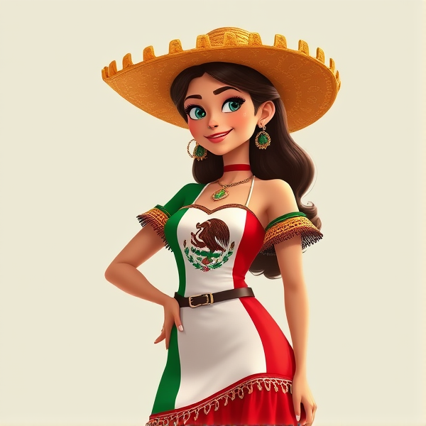 Mujer con vestido de la bandera Mexicana animado Pixar