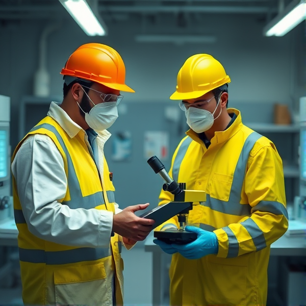 And Asbestos assessor assessing an asbestos job site followed by analysing air monitoring filter membranes using phase contrast microscope at laboratory.