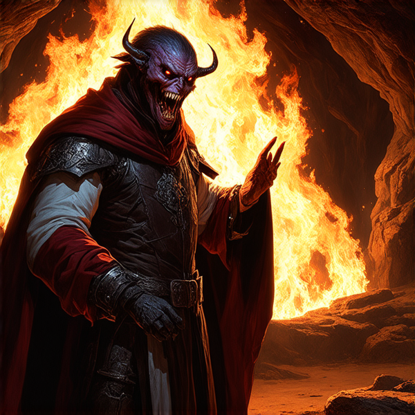 Un homme en tenue médiévale dialoguant avec un démon imposant, rougeâtre et cornu, dans une caverne éclairée par la lueur vacillante des flammes