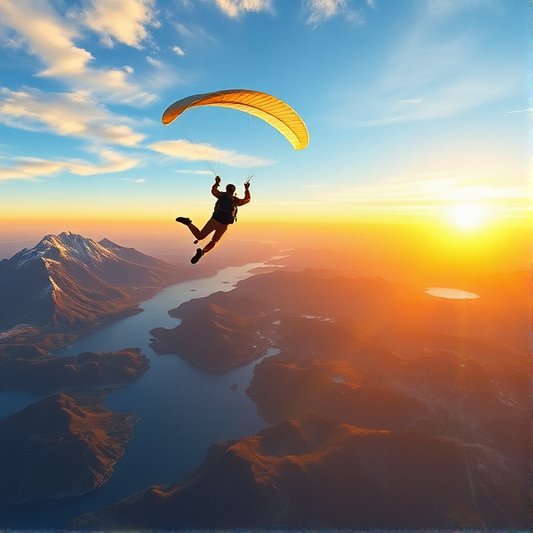 Aquarelle détaillée avec texture fine montrant des parachutistes en chute libre, leurs parachutes blancs pleinement ouverts reflétant le soleil couchant, flottant au-dessus d'un paysage époustouflant. Vue aérienne panoramique incluant des montagnes majestueuses, des lacs étincelants en contrebas, lumière dorée et chatoyante, nuances vibrantes