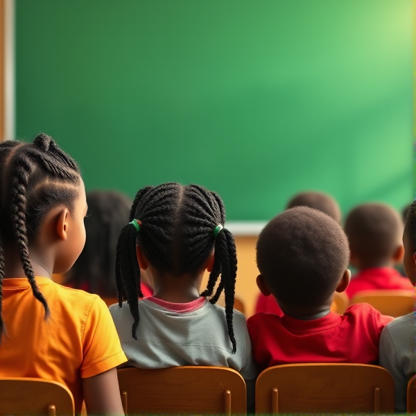 des filles noires de huit ans avec des tresses africaine et des garçons assis dans une classe face au tableau vert