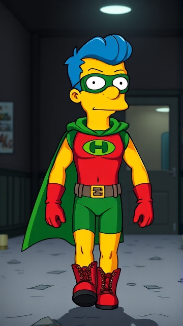 Milhouse Van Houten from The Simpsons, with his yellow skin, really big round nose, and blue hair that's slicked back at the top, but as an 18-year old teenager, dressed as a parody of Robin, The Boy Wonder, with an extremely muscular torso and arms, a green bodysuit with a red torso adorned with a green H symbol on his chest, a grey utility belt, red boots, red long-cuffed gloves, a big green cape, and a green eye mask with optical lenses in it, now known as Houseboy, The Nerd Wonder, the other half of Springfield's Dynamic Duo, and one of the greatest vigilante superheroes ever known in Springfield. He is currently walking through an abandoned house at night, looking for clues to the mystery he is trying to solve. (EXACTLY AS I DESCRIBED.)
