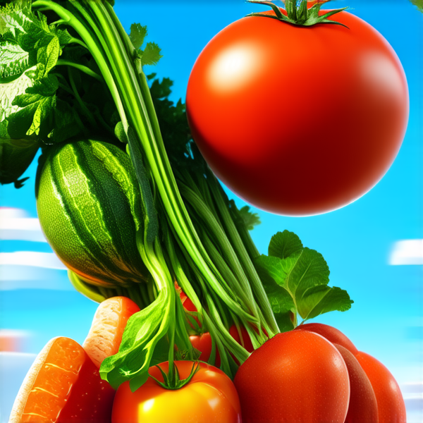 un jardin potager luxuriant et détaillé, avec une variété de légumes colorés tels que des tomates rouges, des courgettes vertes et des carottes orange, sous un ciel bleu clair avec une lumière naturelle éclatante