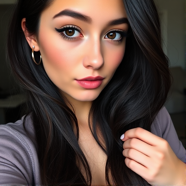Realistic selfie of a white girl with waist-length, silky black hair featuring subtle streaks of dark burgundy red, complemented by an array of ear piercings: delicate silver studs scattered along the curve of her upper ear and thin silver hoops adorning her lobes. Her face reveals a slightly textured complexion with natural skin imperfections like faint freckles and a soft rosy hue on her cheeks, contributing to a more authentic human appearance. Her captivating deep brown eyes are framed by expertly applied smoky eye makeup, utilizing a palette of charcoal and soft black eyeshadows that are seamlessly blended outwards for an alluring effect. She wears a form-fitting shirt in a muted color which subtly accentuates her chest without being too revealing. The shirt's cool tones contrast beautifully with the warmth exuded from her eyes. Her hair is styled in waves that add body and movement, effortlessly brushed back away from her face to expose the full detail of her striking features. A sensual pose is captured as she gently tilts her head to one side, lips parted slightly in an expression that strikes a balance between thoughtfulness and allure, one hand lightly touching the collar of her shirt as if caught mid-adjustment, adding an additional element of dynamic realism to the image