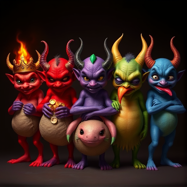Seven diminutive imps personifying the seven cardinal sins, lined up. The imp of Pride glows in vivid orange, donning a regal crown atop its head. Wrath exudes ferocity with crimson skin and horns ablaze like flickering flames. Greed clutches at heavy sacks brimming with gold coins, his purple hue a stark contrast against the metallic sheen. Envy peers sidelong with emerald eyes at his companions, his body tinted in envious green. Gluttony indulges voraciously in a feast, a succulent turkey disappearing before the ravenous maw of the lemon-colored imp. Lust flaunts an inviting wink and a playful, seductive tongue from within its bubblegum-pink visage. Lastly, Sloth languishes in azure lethargy, weariness etched into every line of its face as it stands among its more animated counterparts