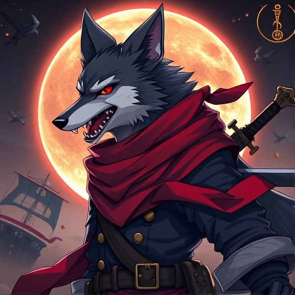 Loup roublard maitre de l'éclipse lunaire et avec un écharpe rouge autours du cou et avec deux épées dans le dos et avec une tenue de pirate