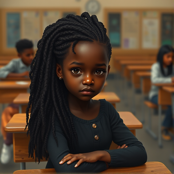 petite fille noire de 8 ans avec des tresses africaine assise dans une salle de classe