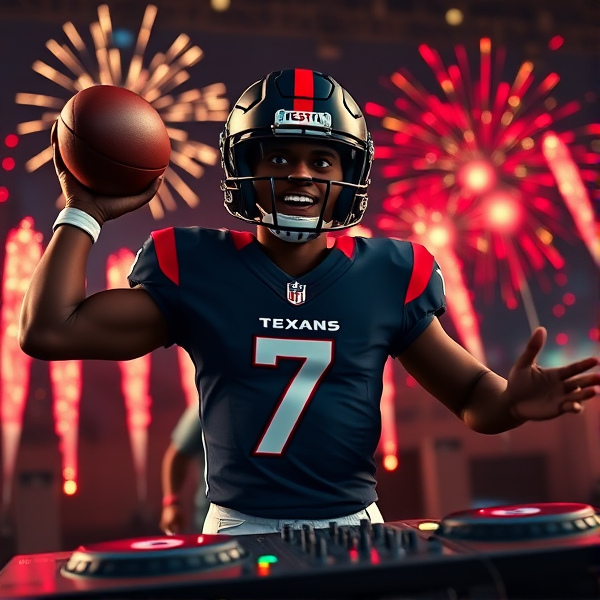 Animated black quarterback wearing number 7 jersey for Houston texans throwing a football and DJing with turntables. Pyrotechnics and lights in background