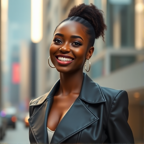 Elegant young African American woman with a vibrant smile, stylishly dressed in modern fashion, posing confidently against an urban background