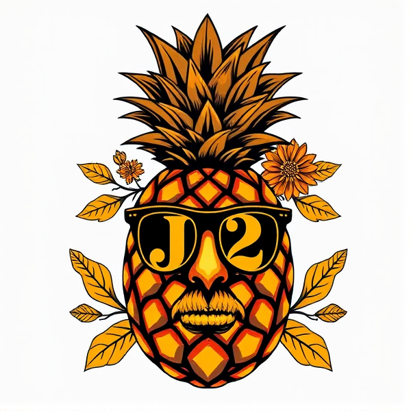 Création d'un logo élégant et complexe, intégrant un ananas très stylisé comme pièce centrale, agrémenté de motifs tropicaux fins et détaillés. Cet ananas doit arborer un visage expressif et plein de caractère qui lui confère une identité unique. Les initiales "J2" seront habilement incorporées dans les yeux du fruit en utilisant une teinte d'orange vif mais harmonieuse avec le reste du design pour ne pas l'emporter sur l'ensemble. Le logo dans son ensemble doit refléter une sensation de luxe et d'originalité, avec des ornements subtils et une attention extrême portée aux petits détails, évoquant un esprit festif et artistique. Inclure des éléments de visage humain tels que des lunettes distinctives ainsi qu'une bouche, un nez, et des oreilles bien définis pour accentuer la personnalité du sujet.