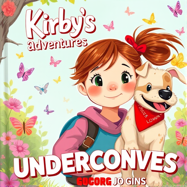 Bright and whimsical book cover design featuring a 10 year old with brown ponytail with red ribbon as the protagonist on an adventurous journey, bursting with vivid colors and elements that appeal to 10-year-old girls such as butterflies and pretty birds, and friendly cream scruffy dog with red bandana around neck. The artwork should capture the essence of a childlike wonder and the excitement of exploration, ideally incorporating symbols of adventure like compasses, binoculars, or hidden paths. The typography should be bold and inviting, resonating with young readers' imagination and sense of fun. The title is Kirby’s Undercover Adventures. The author name is Jo Siggins. The style should realistic illustration