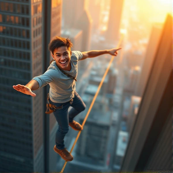 Un funambule souriant en équilibre sur un fil tendu entre deux gratte-ciel au coucher du soleil, l'air urbain baigné d'une lumière dorée, style réaliste hyper-détaillé avec une attention particulière aux textures et réflexions de lumière, vu en perspective légèrement contre-plongée pour mettre en valeur la hauteur vertigineuse et le sourire rayonnant de confiance du sujet