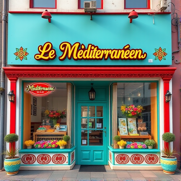 Generate a realistic image of the storefront of Mediterranean Fiesta! It should have a bright and colorful facade with traditional Algerian decorations. The sign should read 'Le Méditerranéen' in a playful and inviting font.