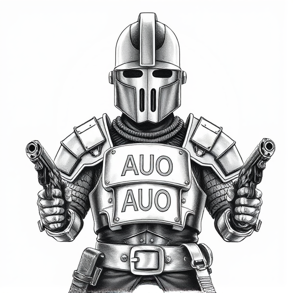 A detailed greyscale depiction of the iconic Australian outlaw Ned Kelly in his traditional armor and Ned Kelly helmet, the helmet is shaped like a trash can that has a rectangular slot for where the eyes can see. He stands defiantly with a pistol clutched in each hand. The chest piece is intricately engraved with the initials "AUO".