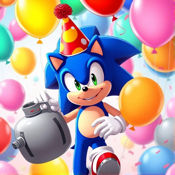 Sonic the Hedgehog donning a festive party hat, cheerfully holding a large helium tank equipped with a nozzle. He's amidst a joyful scene of multi-colored balloons floating around him, some playfully tethered to his quills, all while he sports a mischievous grin on his face