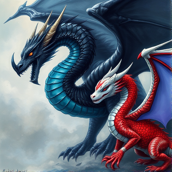 Majecting black and blue dragon, with another majestic white and red dragon, and with a younger dragon, whom is red, blue, purple, black and white