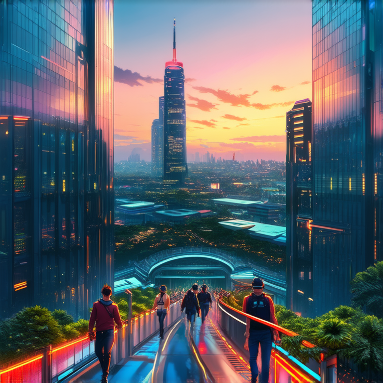 A futuristic floating city with lush greenery, sleek glass buildings, and advanced transportation systems like flying cars, set during sunset. The sky is painted in vibrant hues of orange and pink, while people in fashionable tech-wear stroll through elevated walkways. Neon lights add a soft glow to the scene.