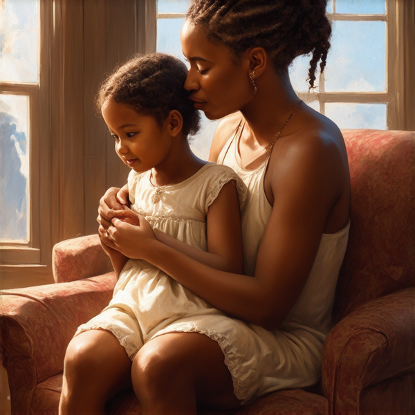 An 8-year-old African girl with intricate traditional braided hair, sitting comfortably on her mother's lap, both exuding a warm and nurturing atmosphere. The mother is depicted as loving and protective, embracing her daughter in a cozy, homelike setting and there are his father also with her
