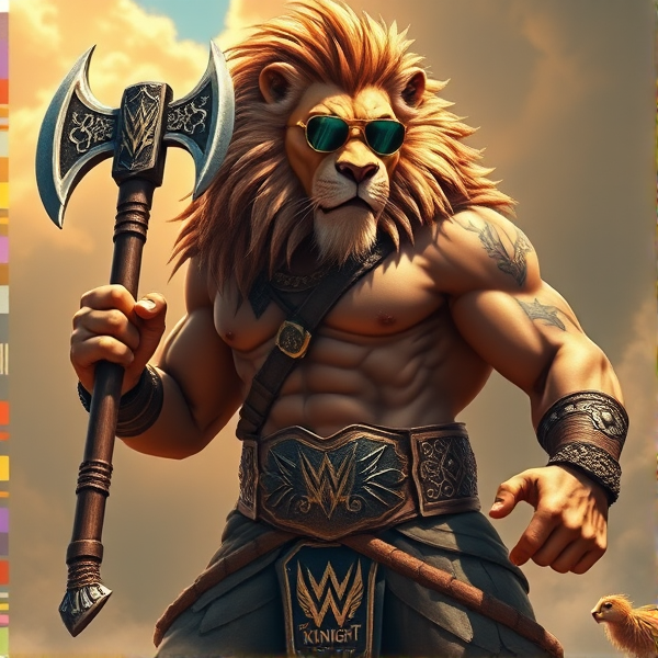 Un Lion barbare dieux du soleil une hache comme Léo escanor, avec des poils de lion et une carrure imposante et avec la ceinture de LA KNIGHT le catcheur et ces lunettes de soleil, il a un tatoo avec marqué LA KNIGHT