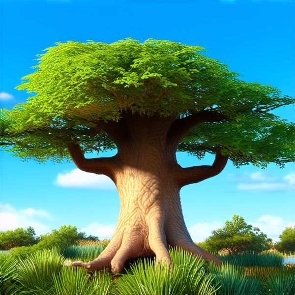 majestueux baobab aux feuilles vertes luxuriantes, éclairé par une douce lumière dorée du matin, ciel bleu clair en arrière-plan avec quelques nuages légers