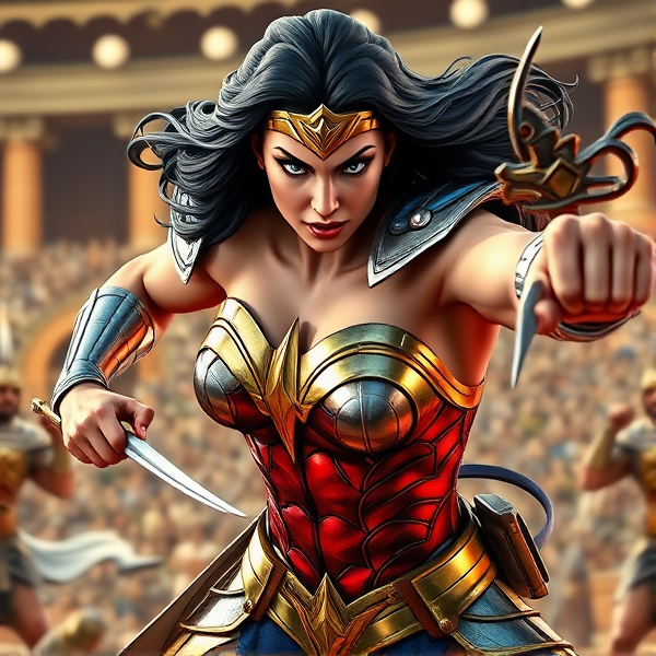 Wonder Woman en plein élan de combat, rendue dans un style 3D hyper-réaliste, avec des reflets lumineux sur son armure métallique travaillée, chaque muscle saillant et parfaitement défini trahissant la force brute de ses coups, gestes pleins de tension soulignant l'urgence du combat, expression faciale d'une concentration absolue avec des yeux d'un bleu intense capturant la détermination farouche du personnage, cheveleure ondoyante captée dans une simulation parfaite de mouvement fluid pour ajouter au dynamisme de la scène, le tout sur fond d'une arène mythologique minutieusement élaborée qui respire l'histoire et le drame d'une bataille épique à l'ancienne, éclairage soigneusement étudié pour accentuer chaque texture et motif complexe ornant son costume et accessoires authentiques qui incarnent fidèlement l'esprit du personnage emblématique.