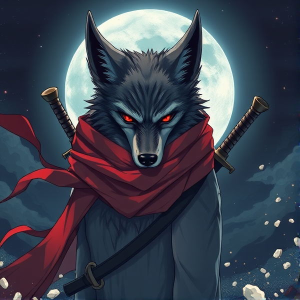 Loup roublard maitre de la lune avec un écharpe rouge autours du cou et avec deux épées dans le dos