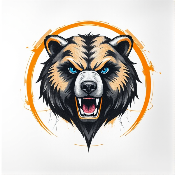 Conception avancée d'un logo circulaire dynamique pour une équipe de football, présentant un grizzly féroce et imposant au centre. Le grizzly doit montrer des muscles définis et proéminents, illustrant sa force. Ses yeux bleu pâle doivent être expressifs et étincelants de férocité. Le pelage du grizzly devrait offrir des textures réalistes avec des ombres bien marquées pour un effet tridimensionnel saisissant. La palette de couleurs se concentre sur l'orange vibrant et le noir, qui doivent se fondre harmonieusement pour créer un contraste visuel saisissant et captivant. Autour du grizzly, intégrez des motifs graphiques dynamiques tels que des éclairs ou des lignes ondulées pour symboliser mouvement et énergie, reflétant la rapidité et la puissance associées au football. Le nom de l'équipe 'Tilt Académie' doit être inclus dans le design du logo avec des lettres en relief audacieuses qui semblent sortir vers le spectateur, tout en suivant une esthétique moderne qui complète la forme circulaire tout en conservant un équilibre visuel cohérent.