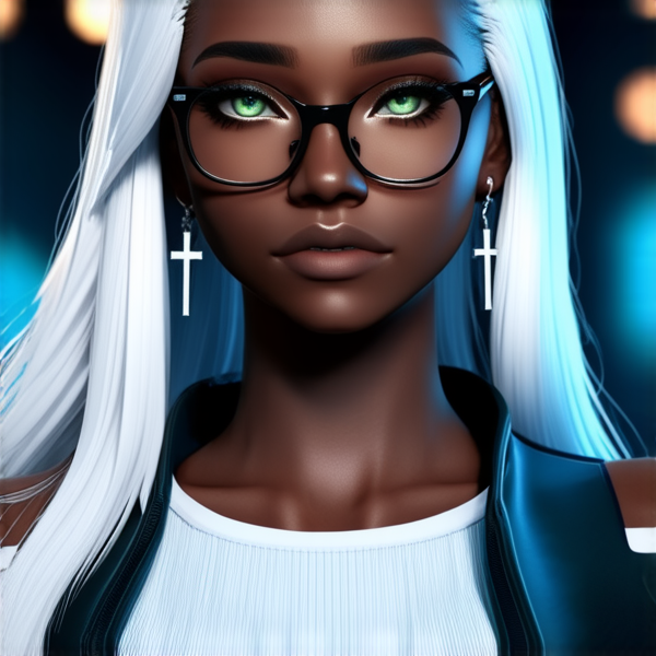 Une jeune femme à la peau foncé, aux longs cheveux blanc et aux yeux verts. Elle porte des lunettes noires, et des boucles d'oreille en croix argentées.