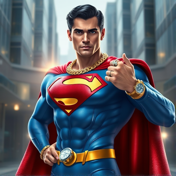 Superman portant une cape rouge chatoyante, un costume bleu vif avec l'emblème 'S' scintillant sur la poitrine, entouré de bijoux extravagants comme des chaînes en or massif, des bagues serties de diamants et une montre-bracelet luxueuse, posant héroïquement dans un décor urbain moderne